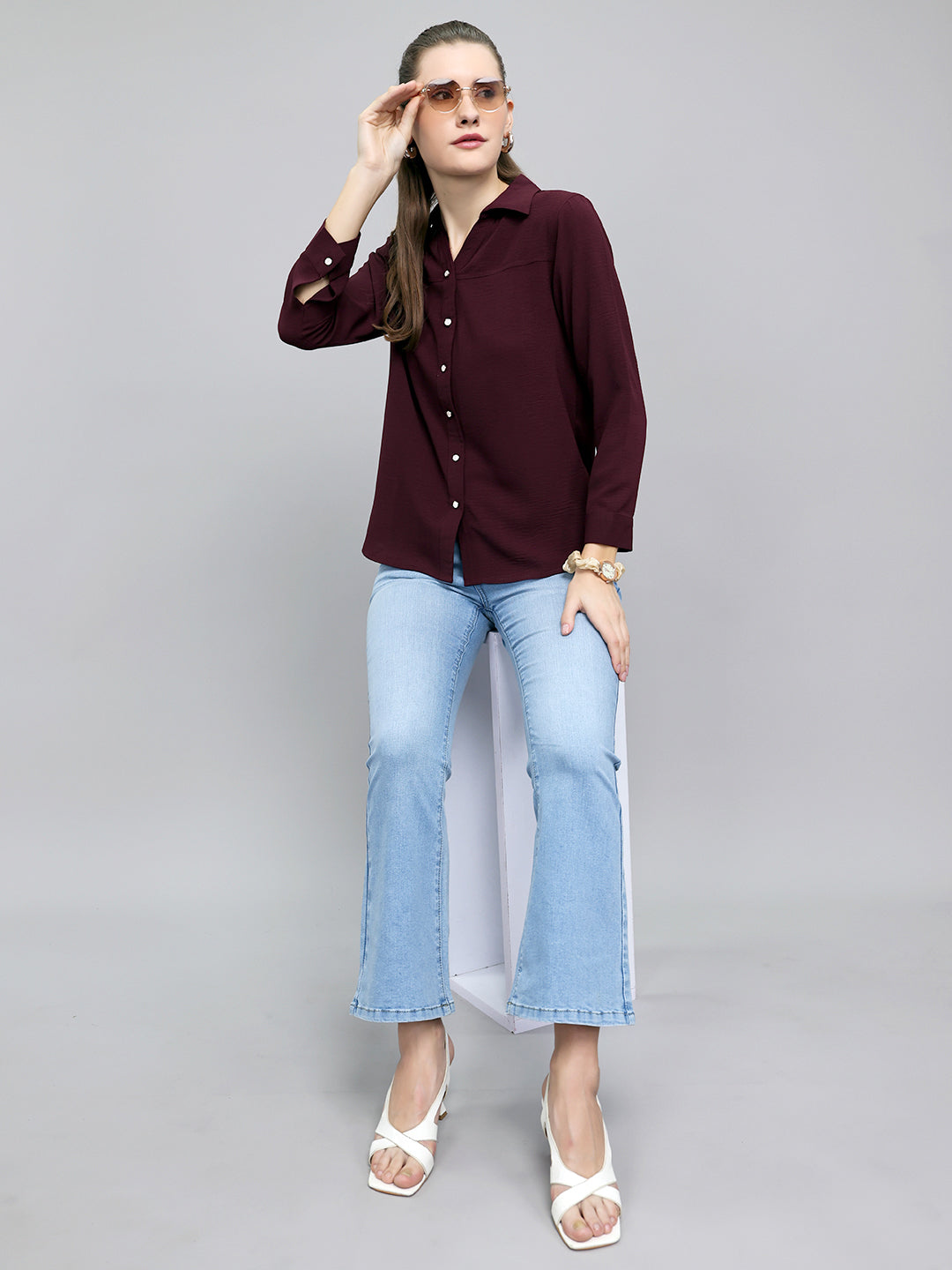 Women Burgundy Self Design Collar Full Sleeve Top