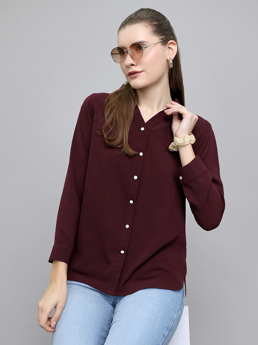 Women Burgundy Self Design Collar Full Sleeve Top
