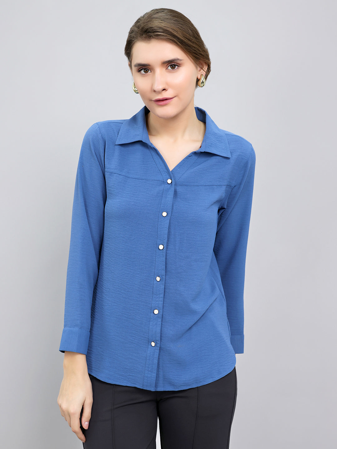 Women Blue Self Design Collar Full Sleeve Top