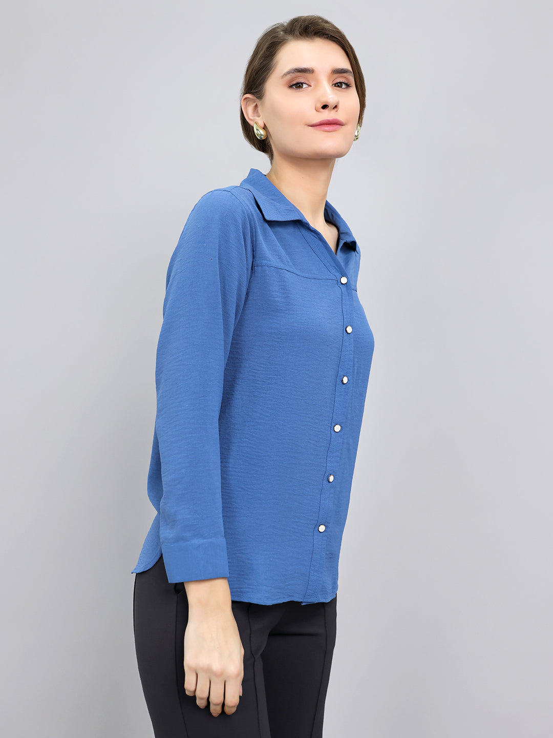 Women Blue Self Design Collar Full Sleeve Top
