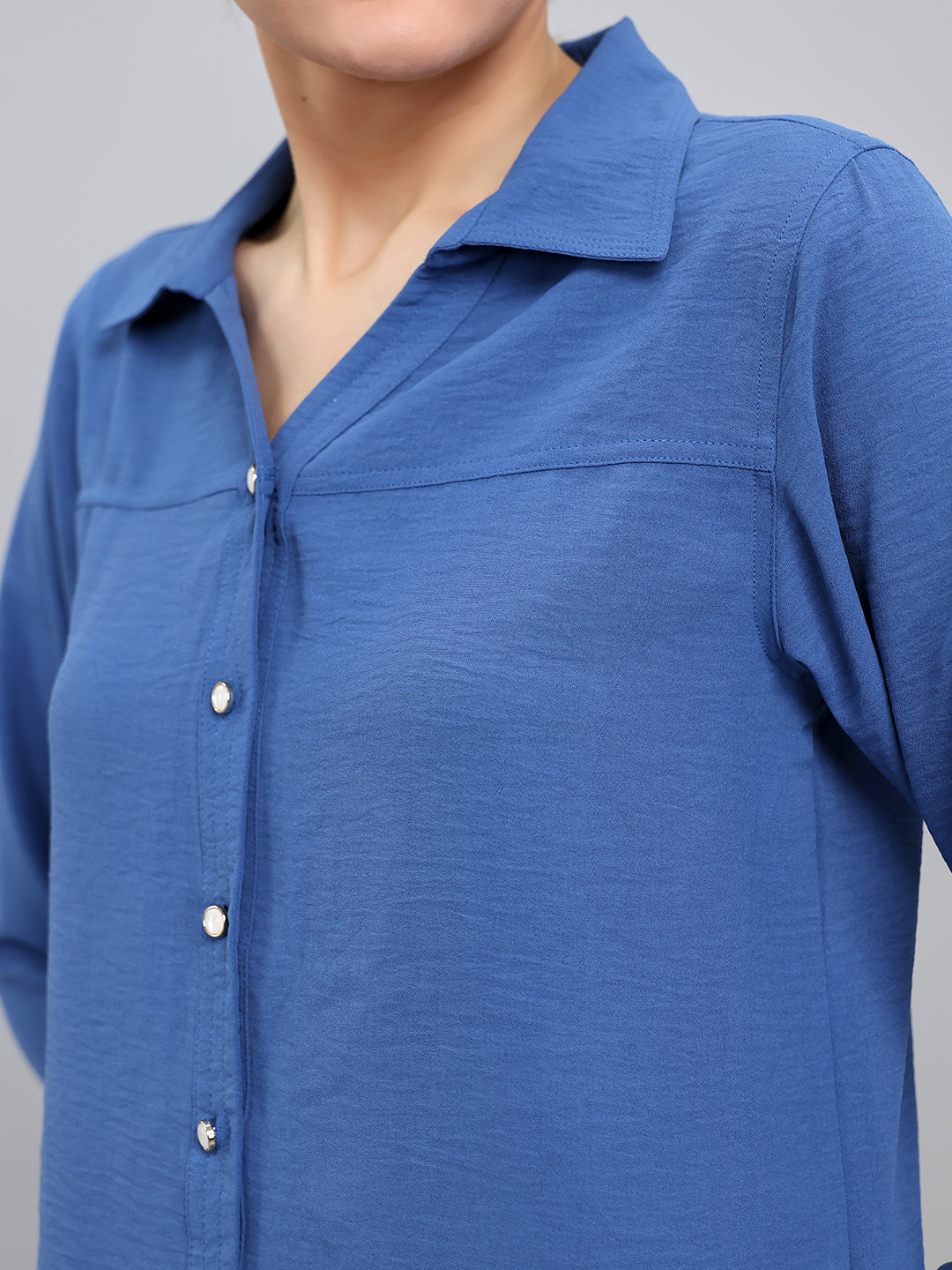 Women Blue Self Design Collar Full Sleeve Top