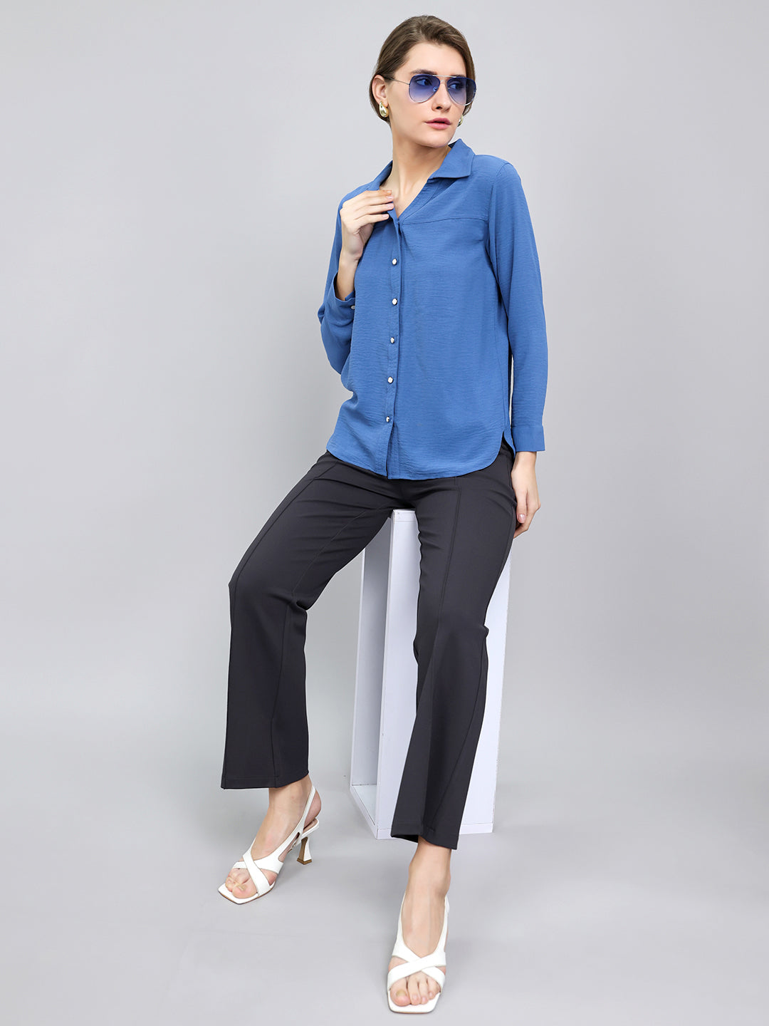 Women Blue Self Design Collar Full Sleeve Top