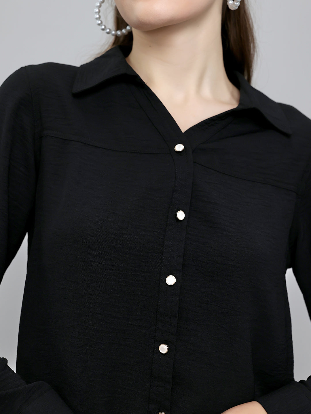Women Black Self Design Collar Full Sleeve Top