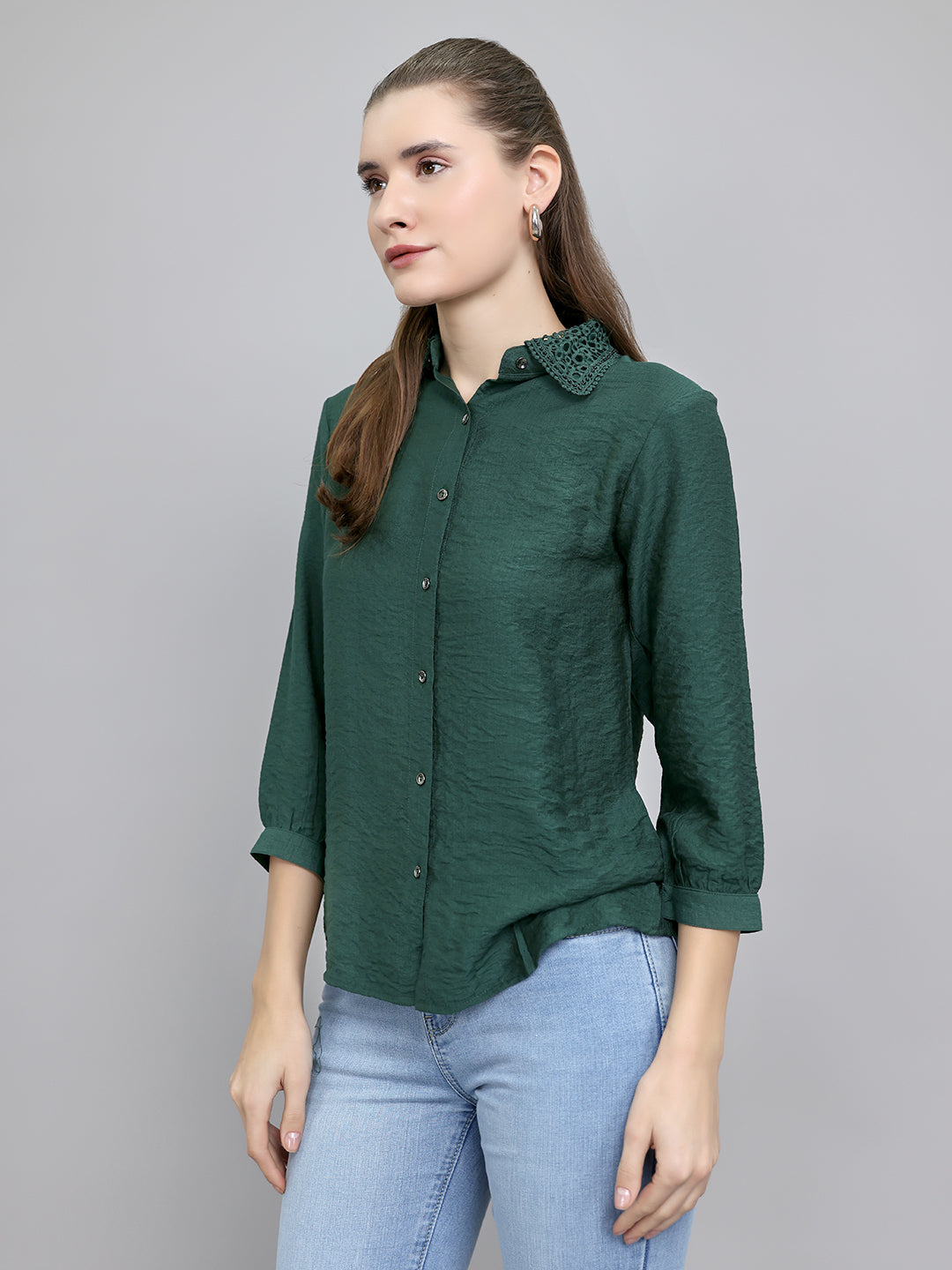 Women Green Self Design Collar Full Sleeve Top