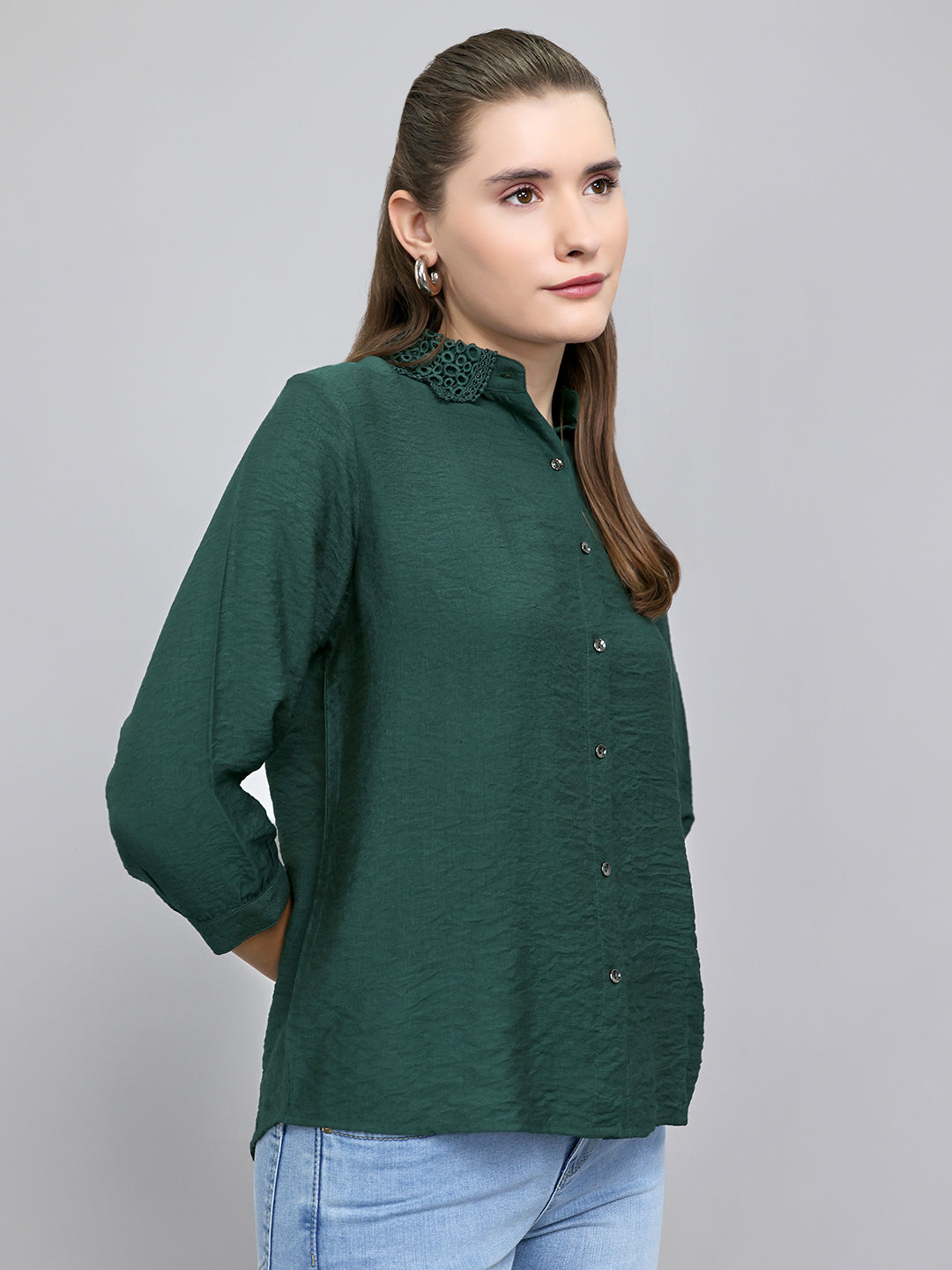 Women Green Self Design Collar Full Sleeve Top