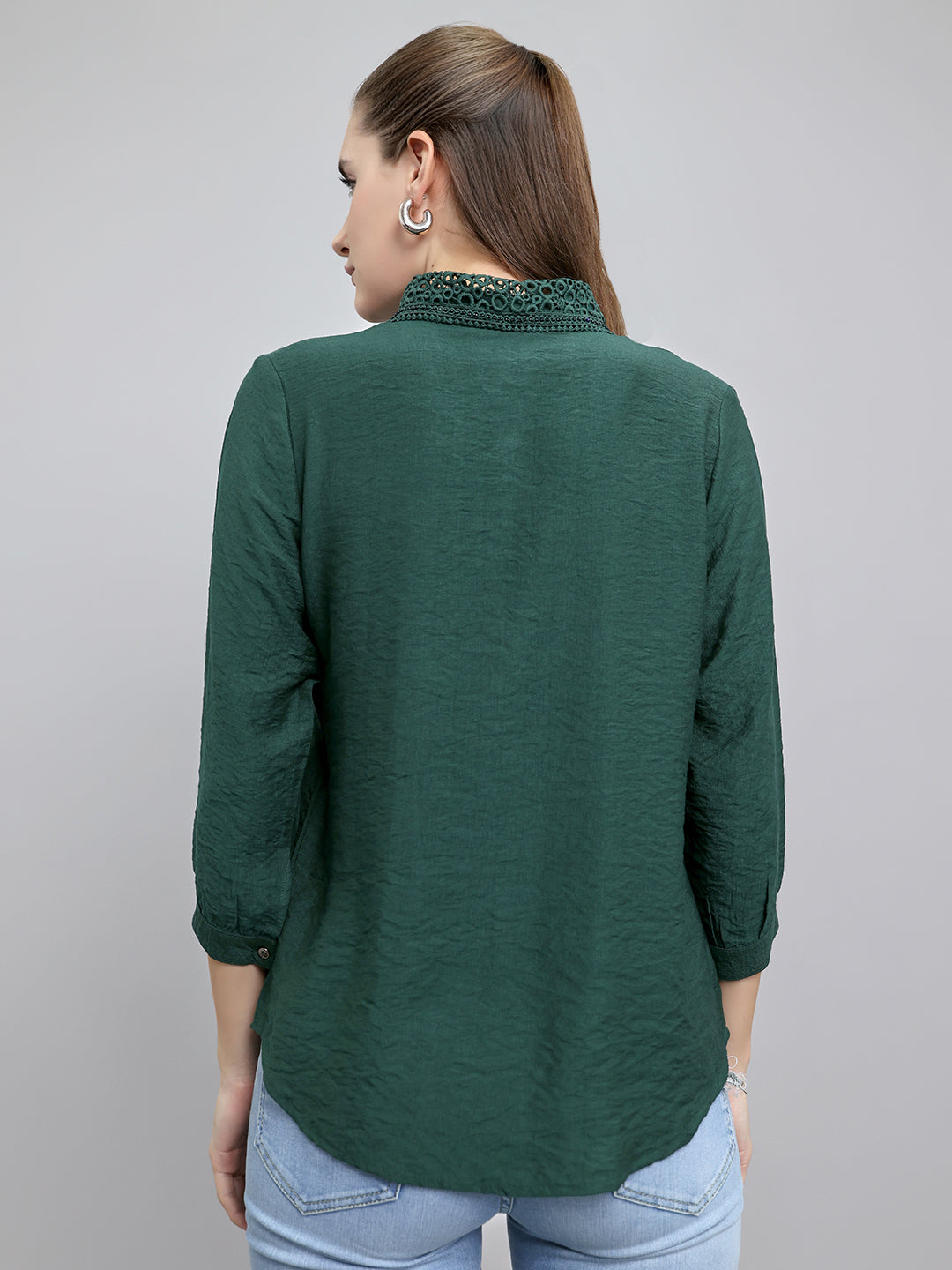 Women Green Self Design Collar Full Sleeve Top