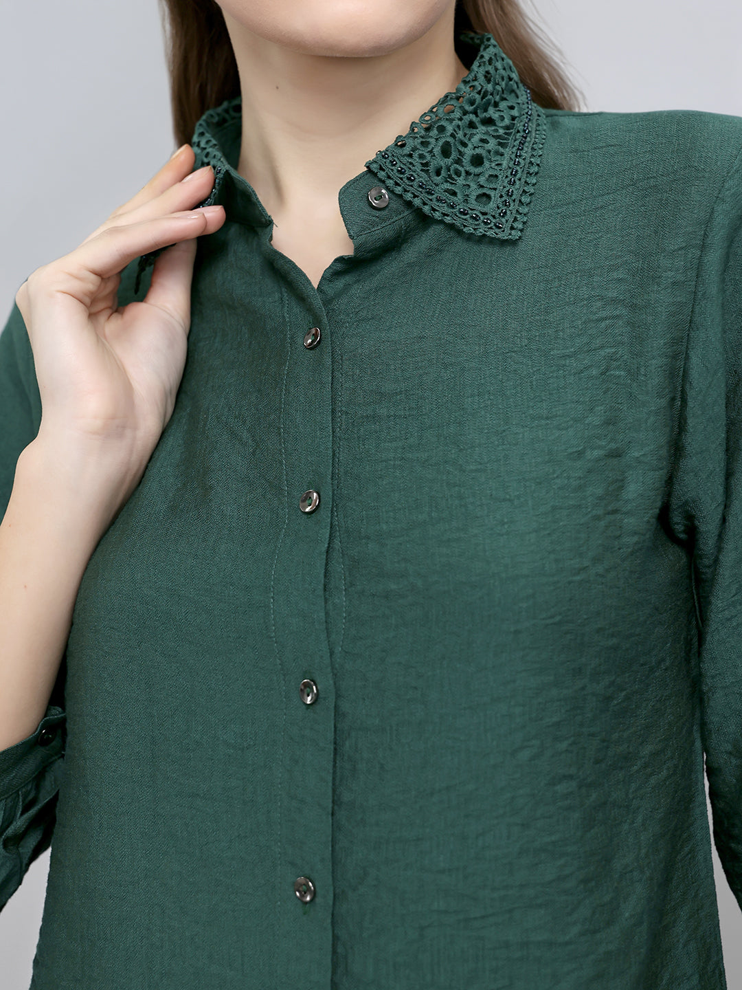 Women Green Self Design Collar Full Sleeve Top