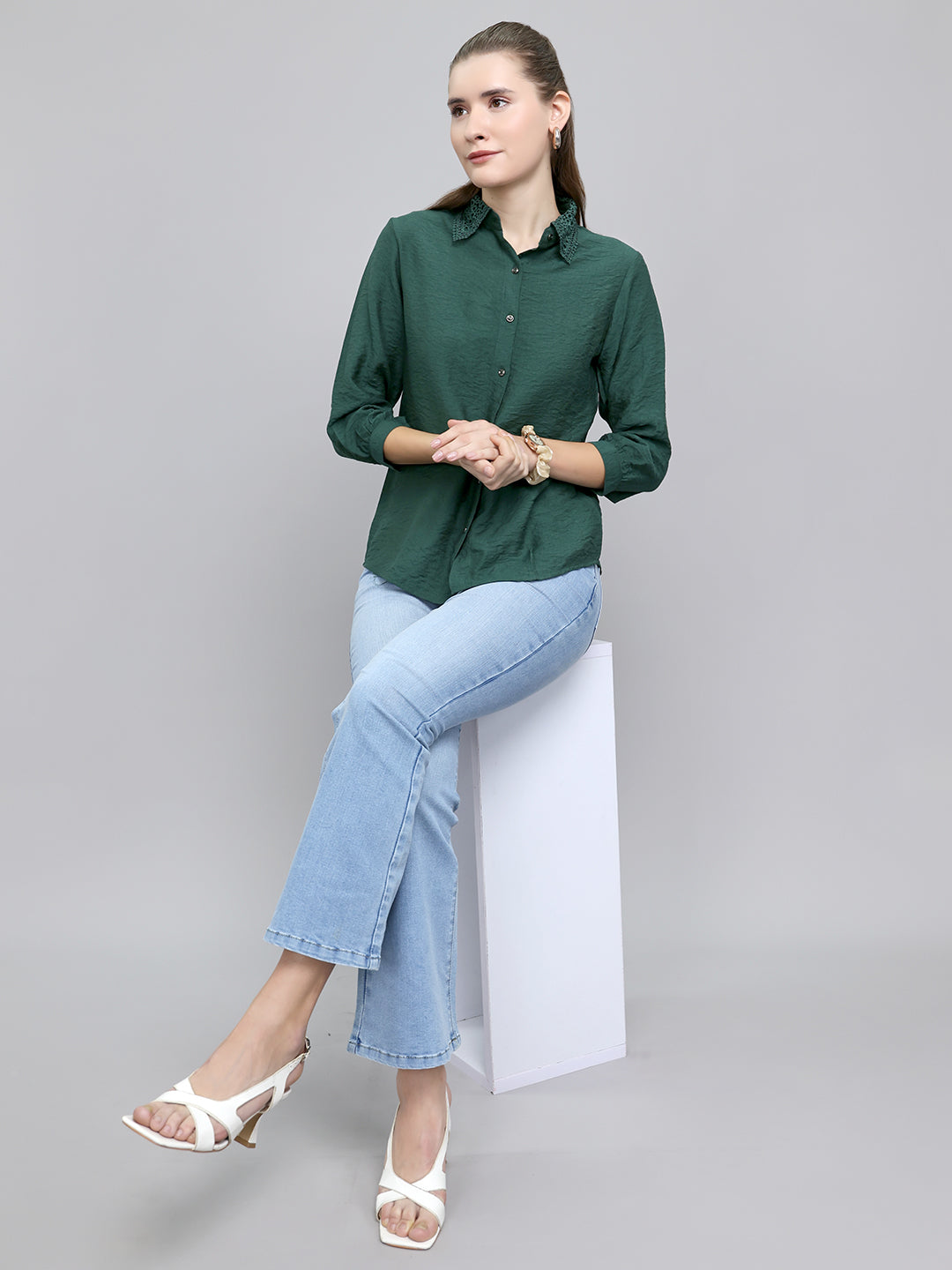 Women Green Self Design Collar Full Sleeve Top