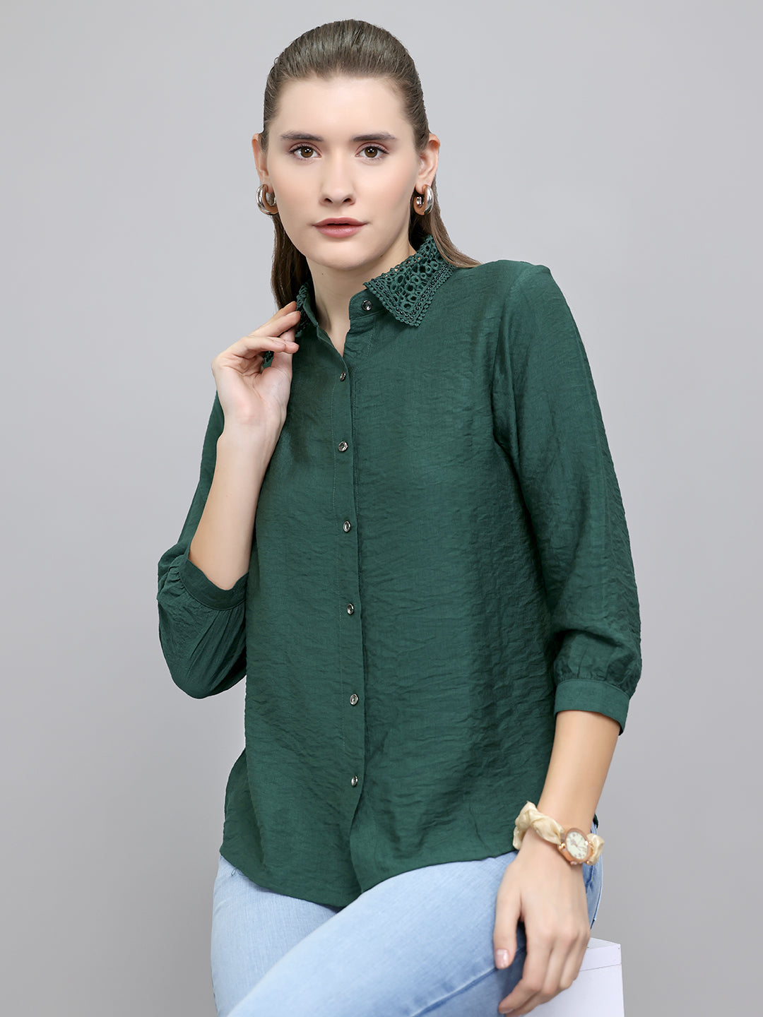 Women Green Self Design Collar Full Sleeve Top