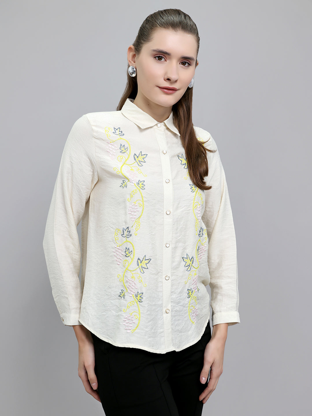 Women Beige Embroidered Collar Full Sleeve Top