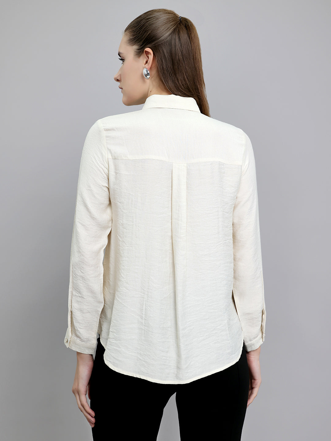 Women Beige Embroidered Collar Full Sleeve Top