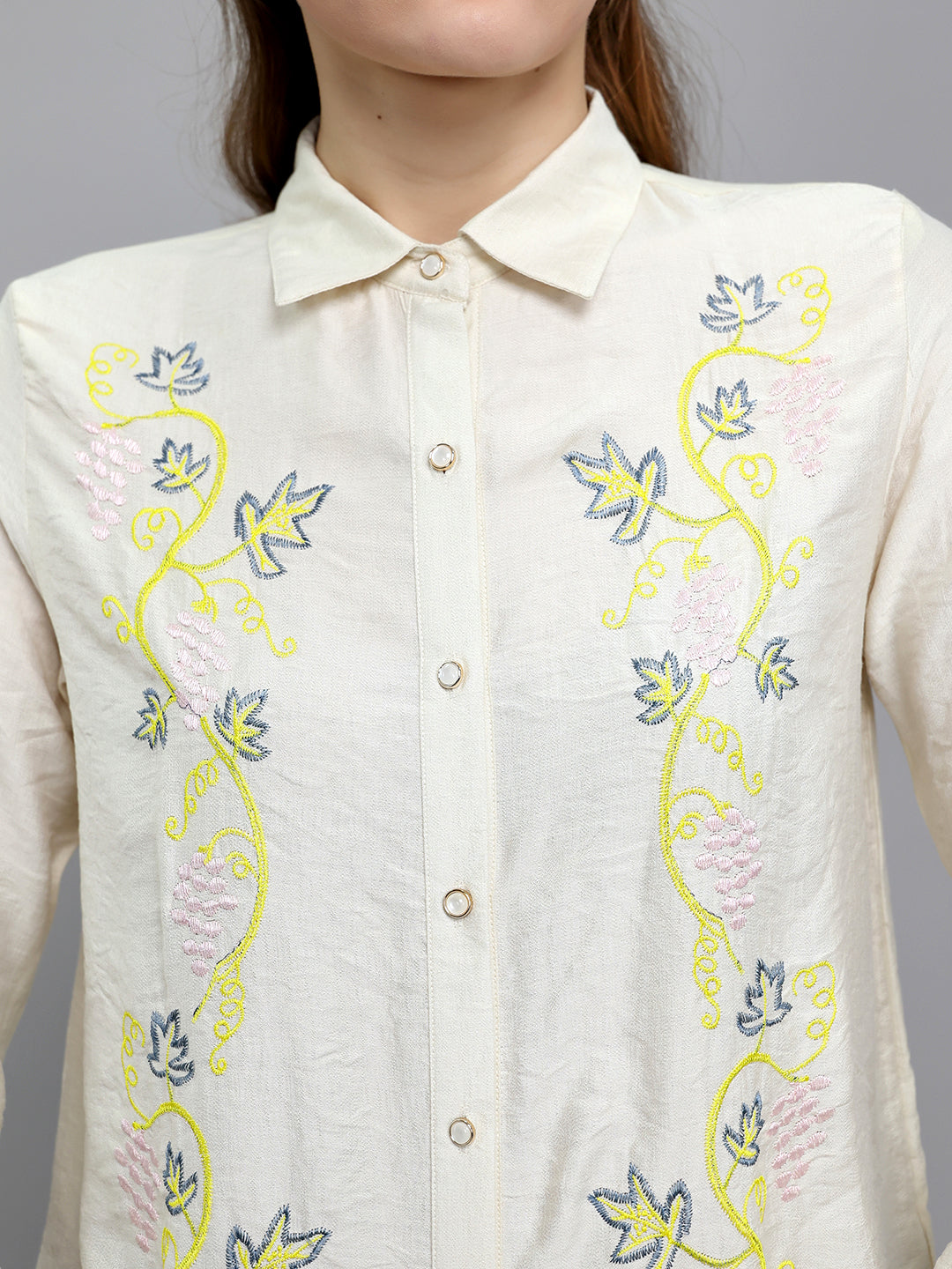 Women Beige Embroidered Collar Full Sleeve Top