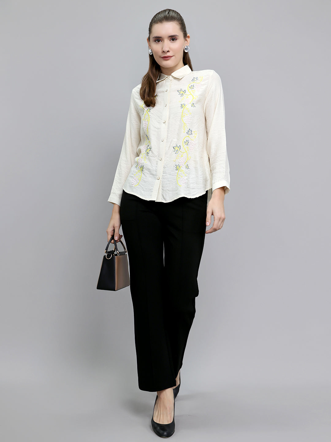 Women Beige Embroidered Collar Full Sleeve Top