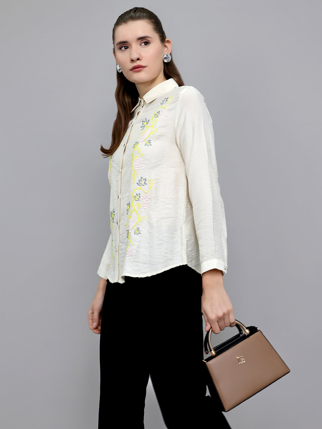 Women Beige Embroidered Collar Full Sleeve Top
