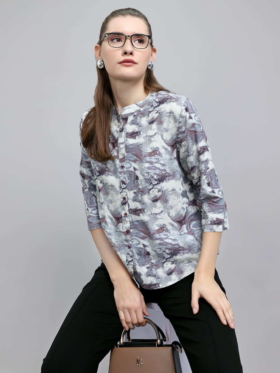 Women Grey Printed Henley Neck 3/4th Sleeve Top