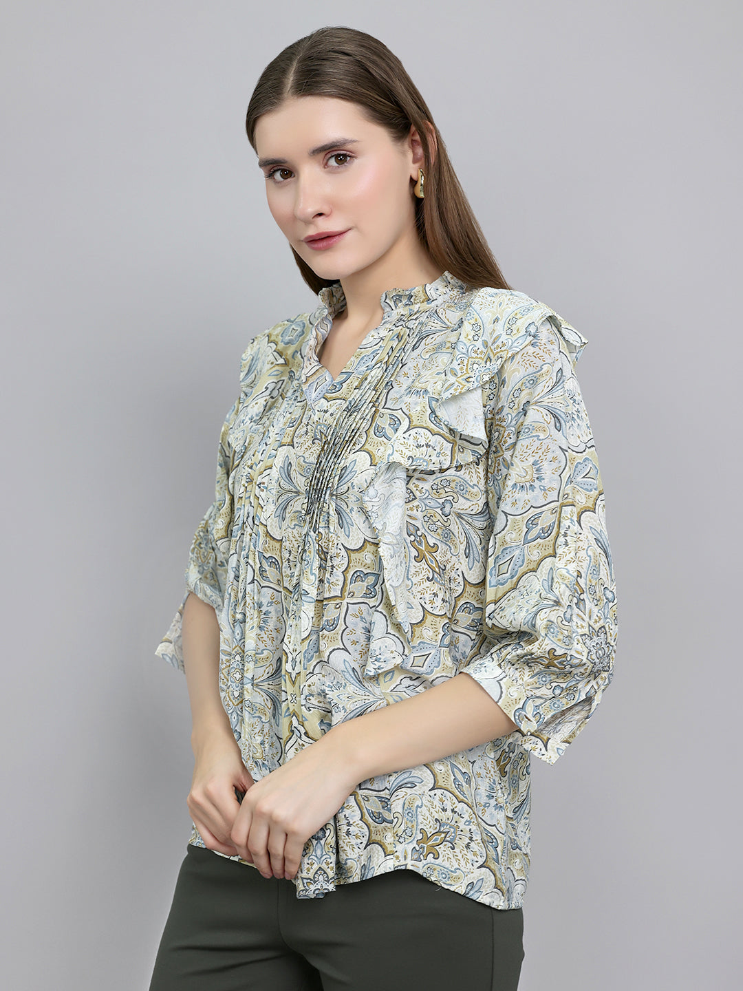 Women Beige Printed V Neck Top