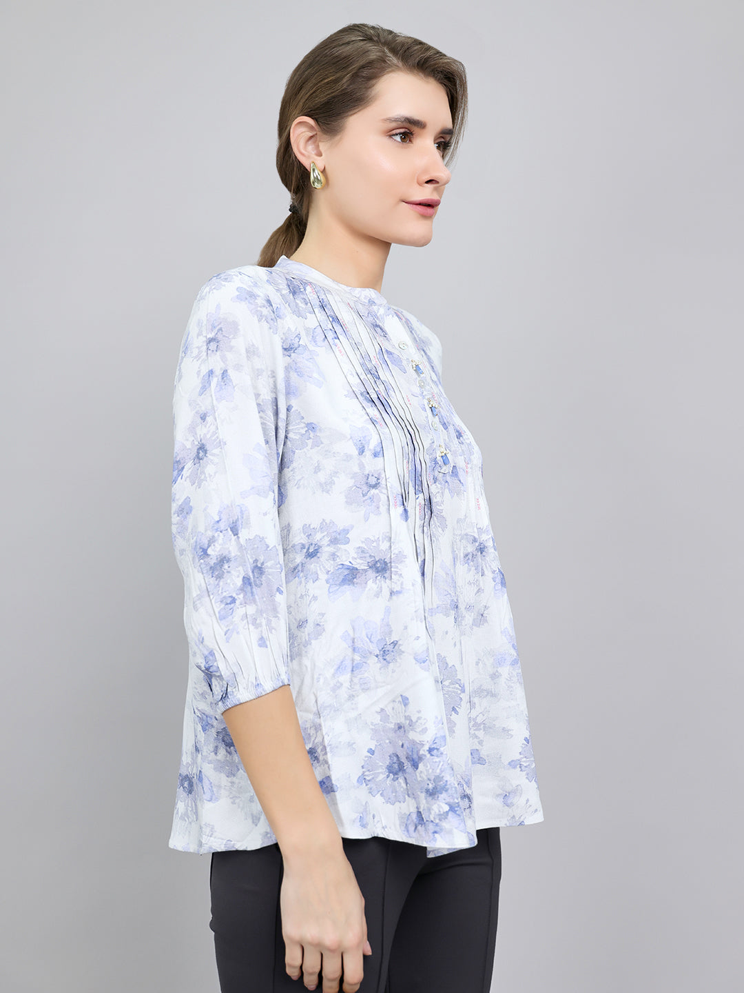 Women Blue Printed Fashion Neck Top