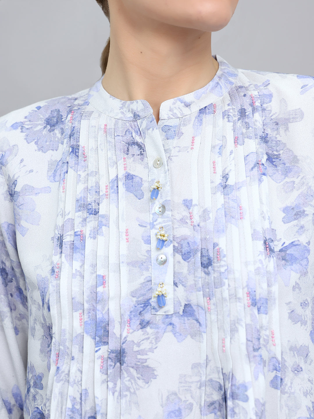 Women Blue Printed Fashion Neck Top