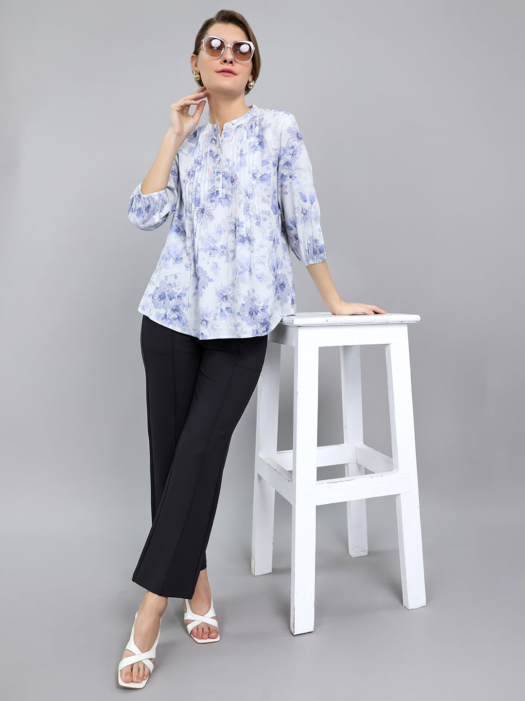 Women Blue Printed Fashion Neck Top