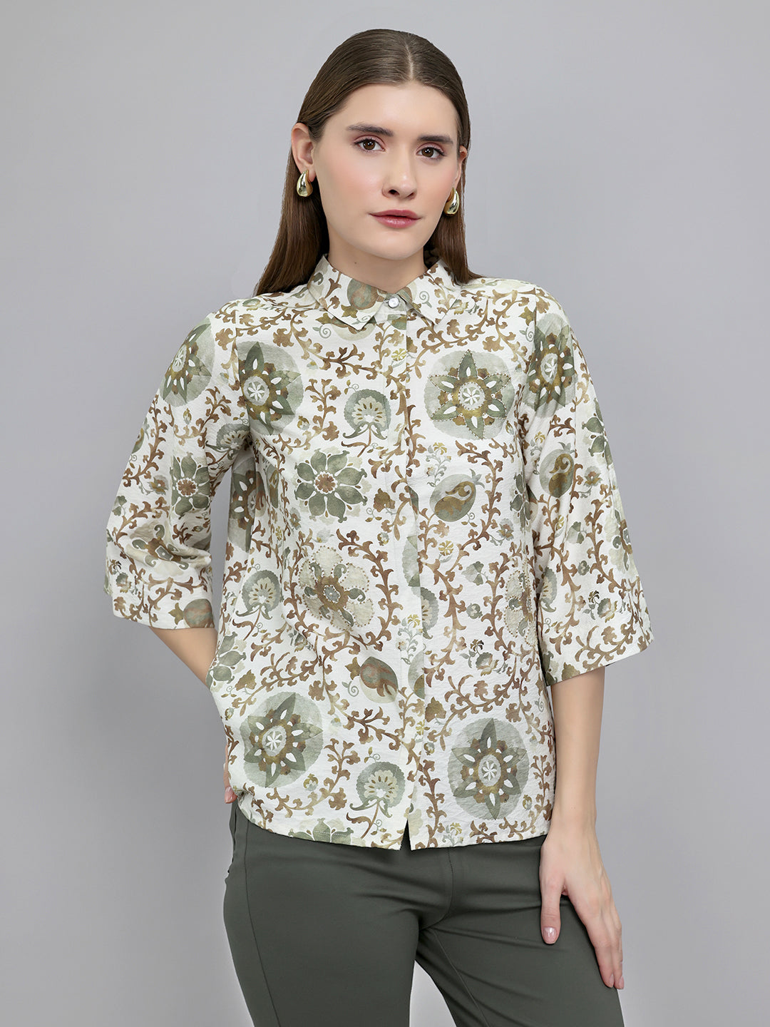 Women Green Printed Collar Neck Top