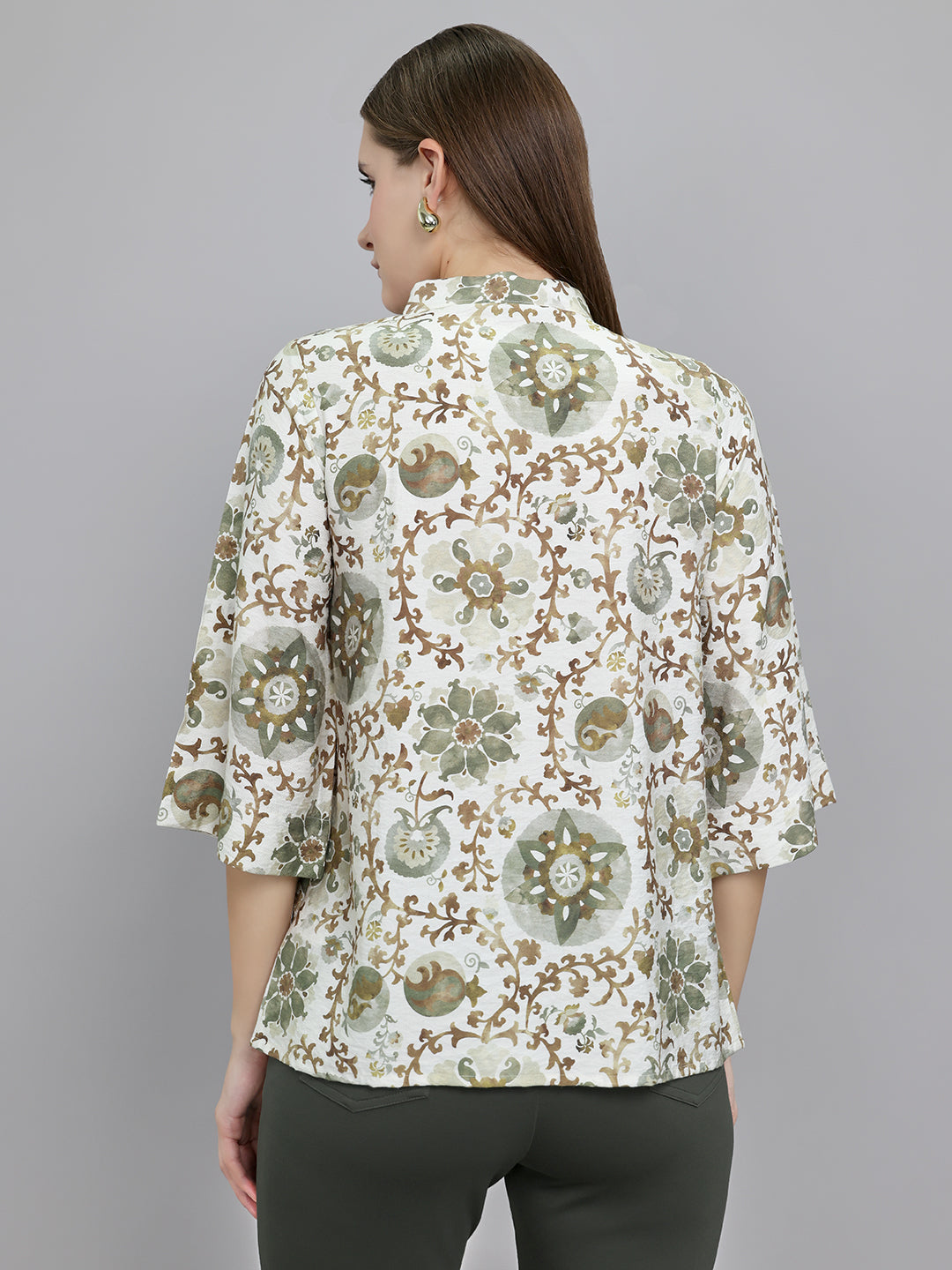 Women Green Printed Collar Neck Top
