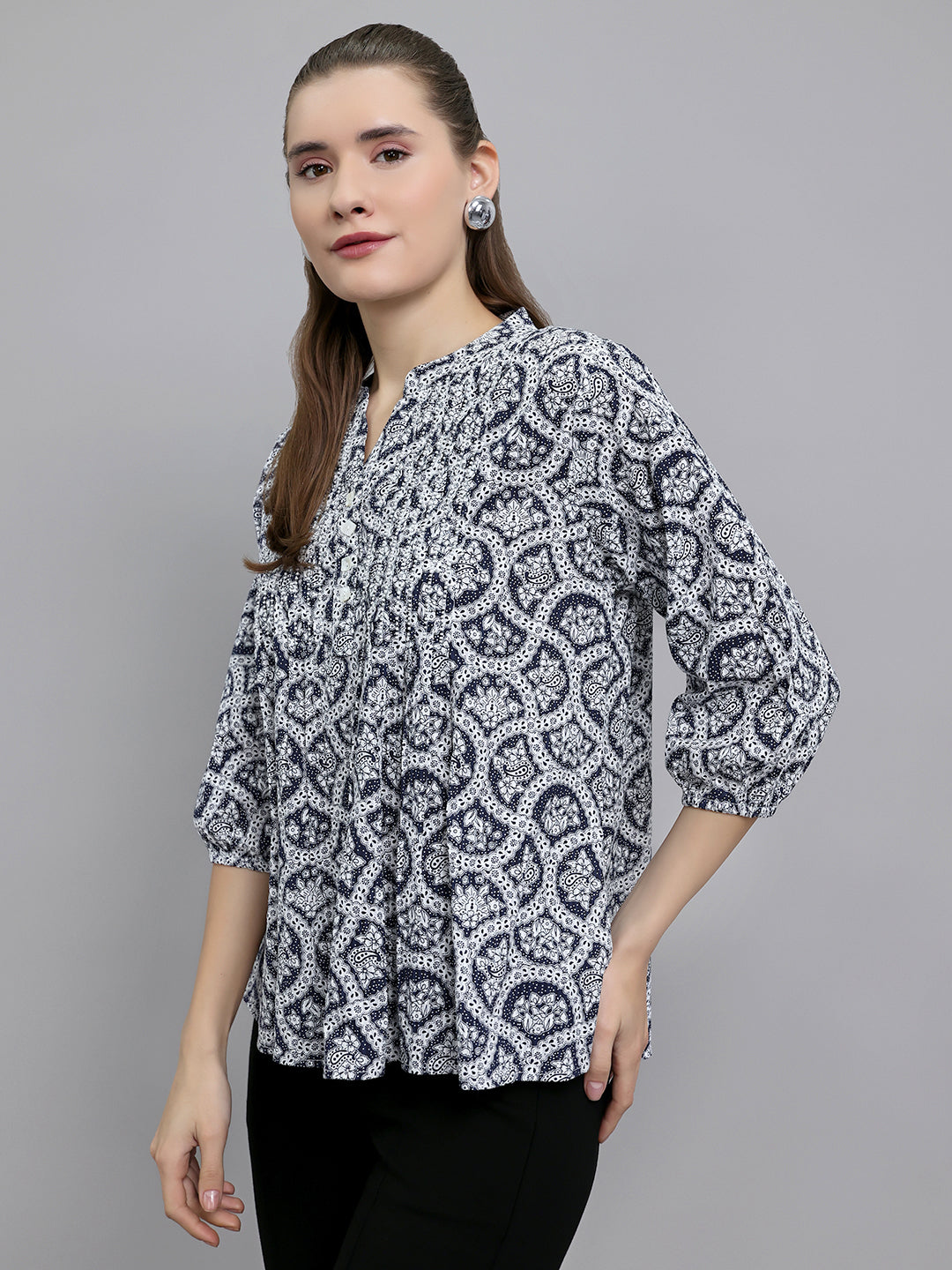 Women Navy Blue Printed Fashion Neck Top