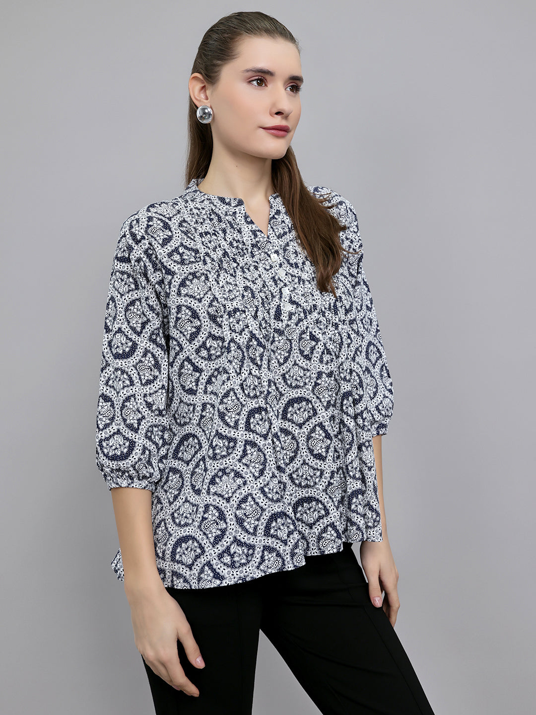 Women Navy Blue Printed Fashion Neck Top