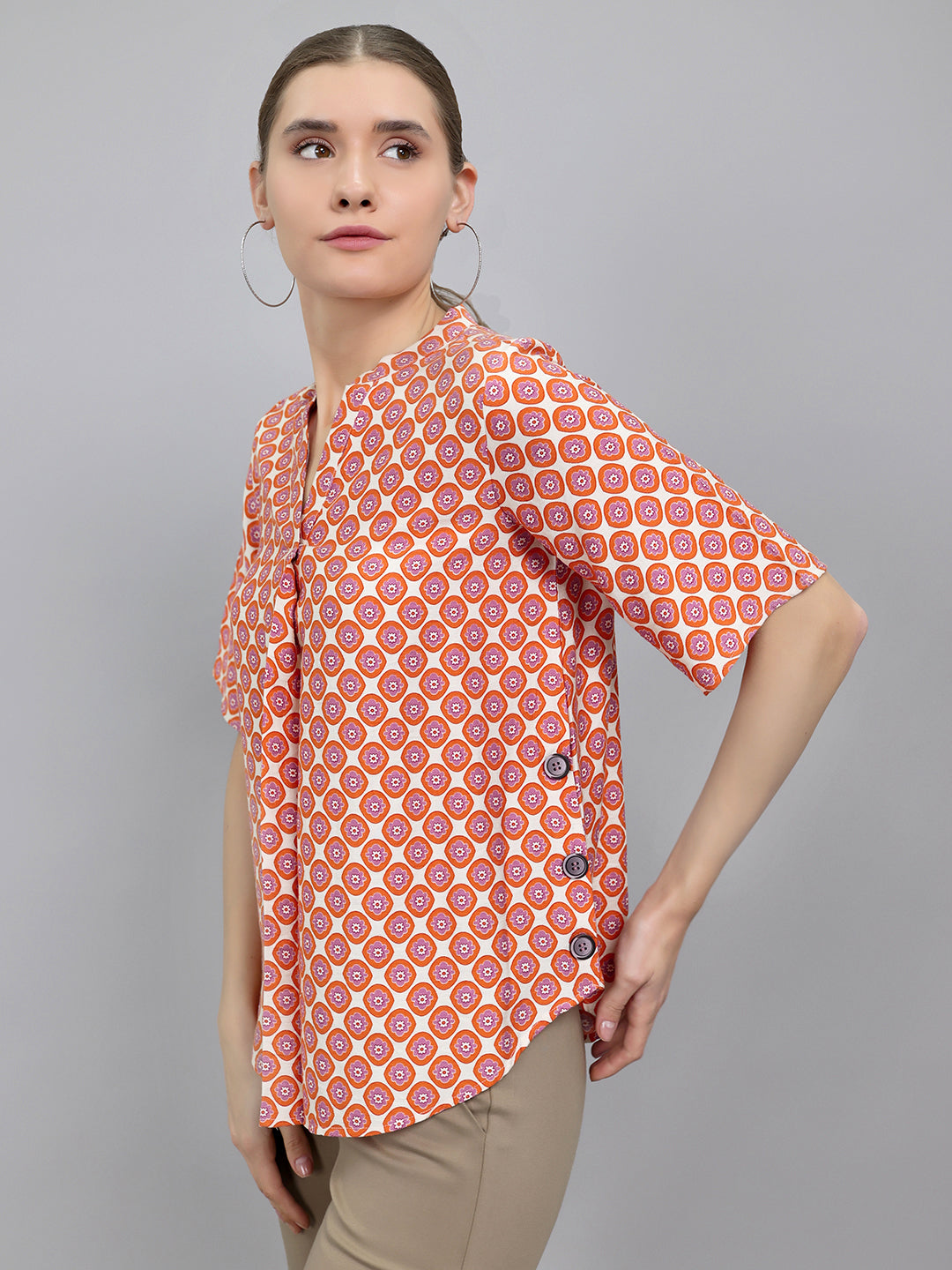Women Orange Printed V Neck Top