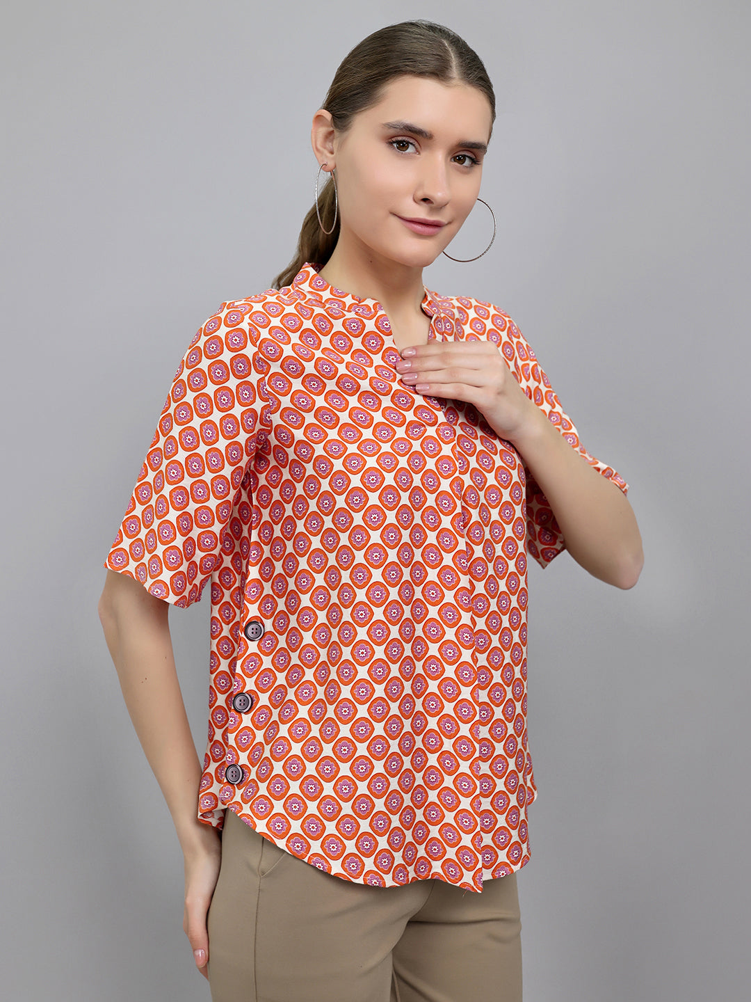 Women Orange Printed V Neck Top