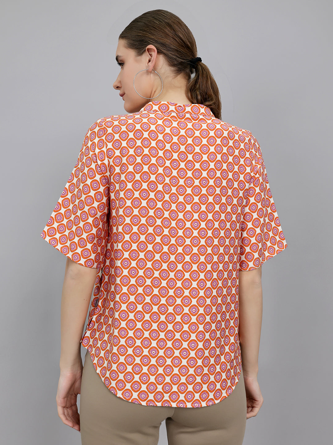 Women Orange Printed V Neck Top