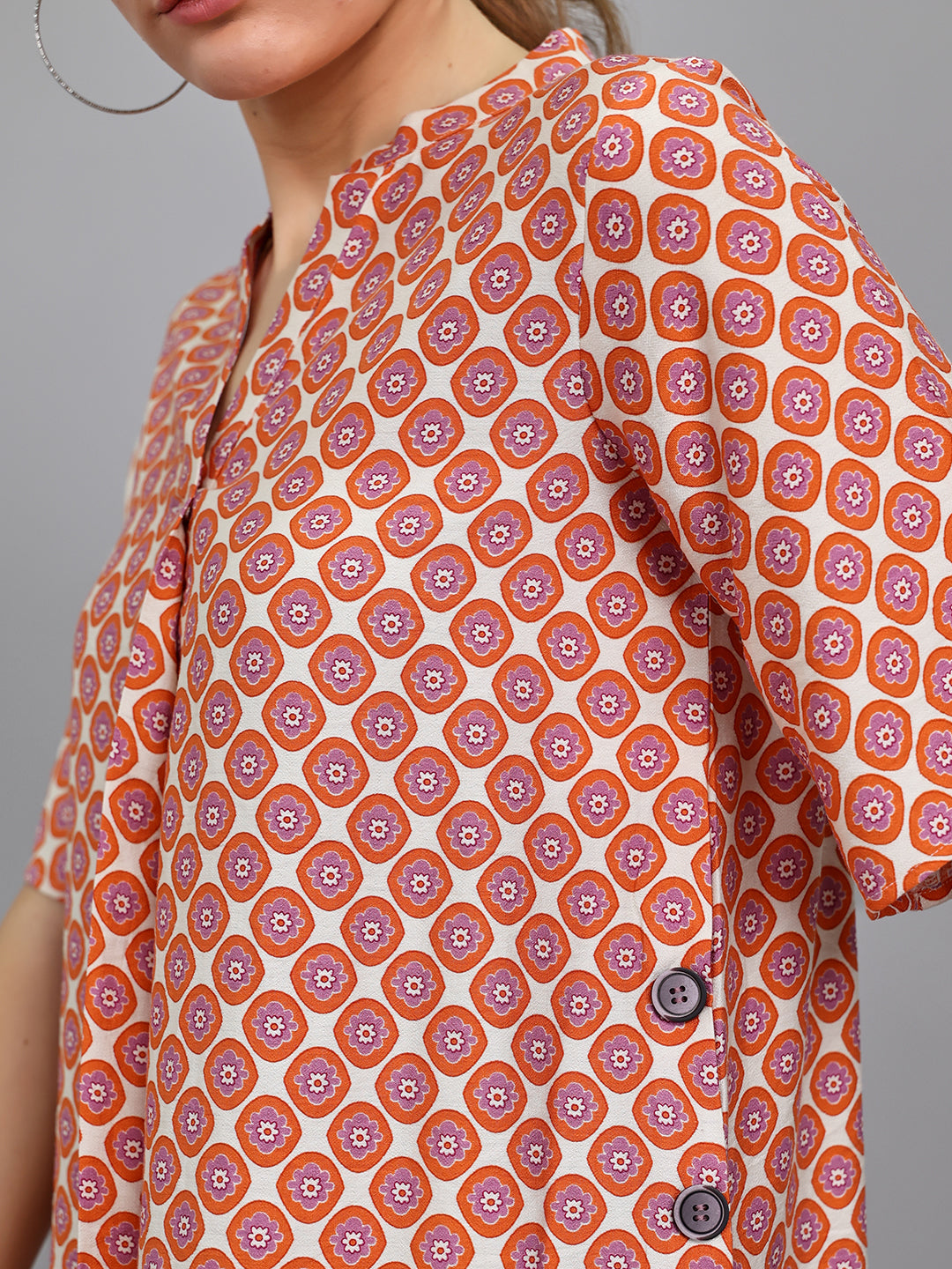Women Orange Printed V Neck Top