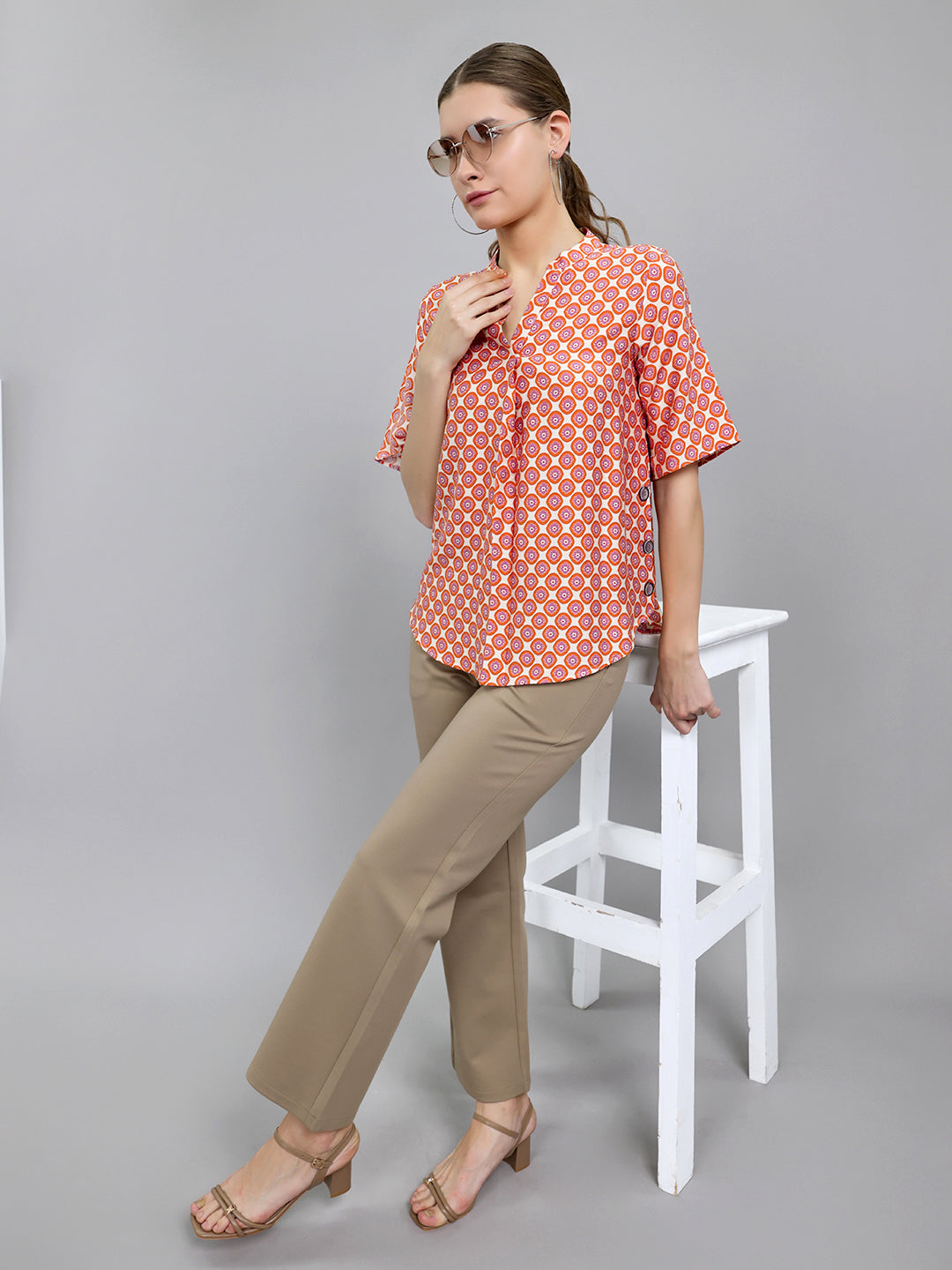 Women Orange Printed V Neck Top