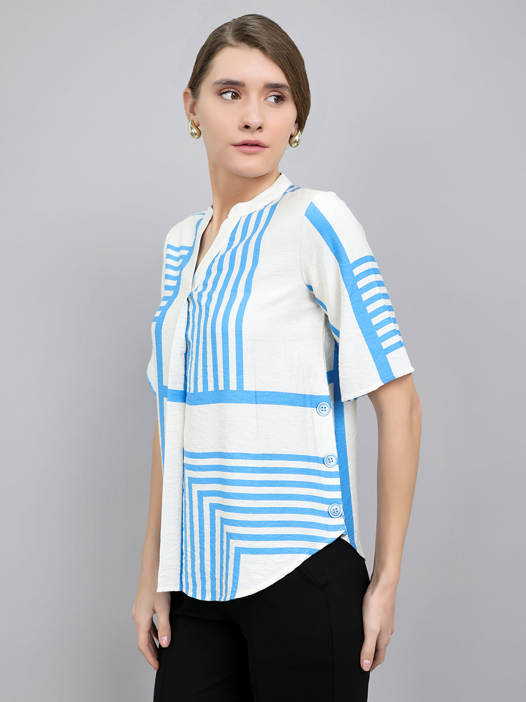 Women Blue Stripe V Neck Top