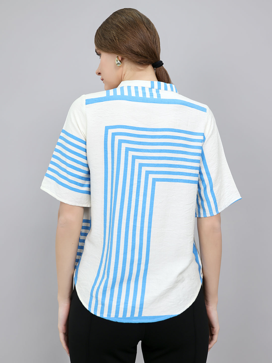 Women Blue Stripe V Neck Top