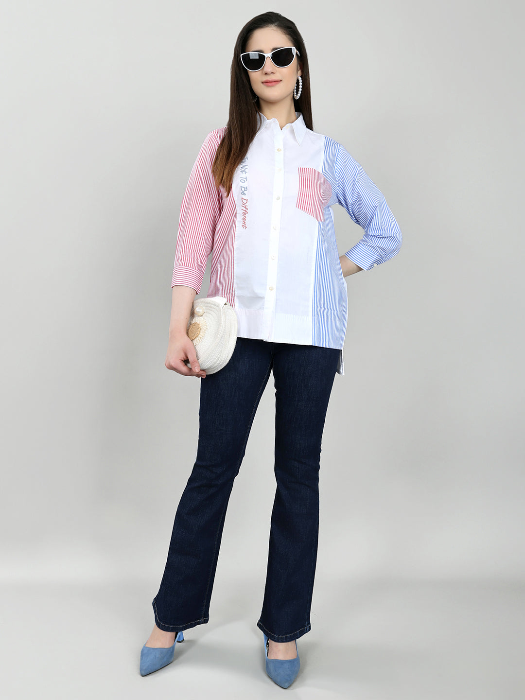 Women White Printed Front Open Full Sleeve Top