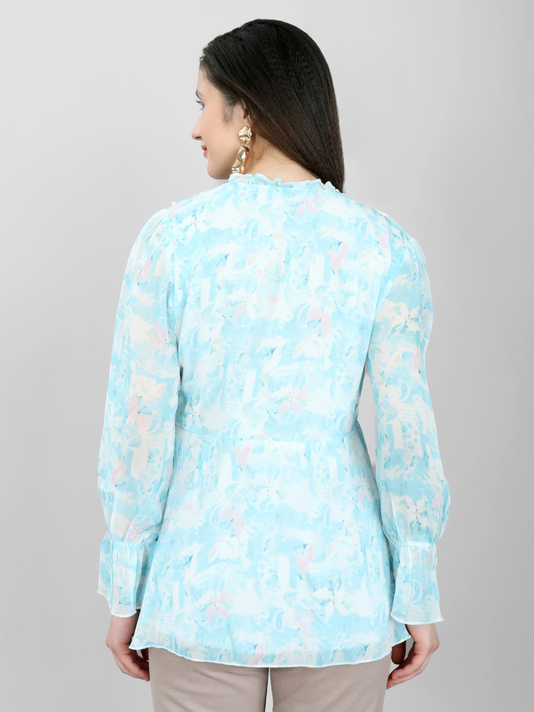 Women Sky Blue Printed V Neck Full Sleeve Top