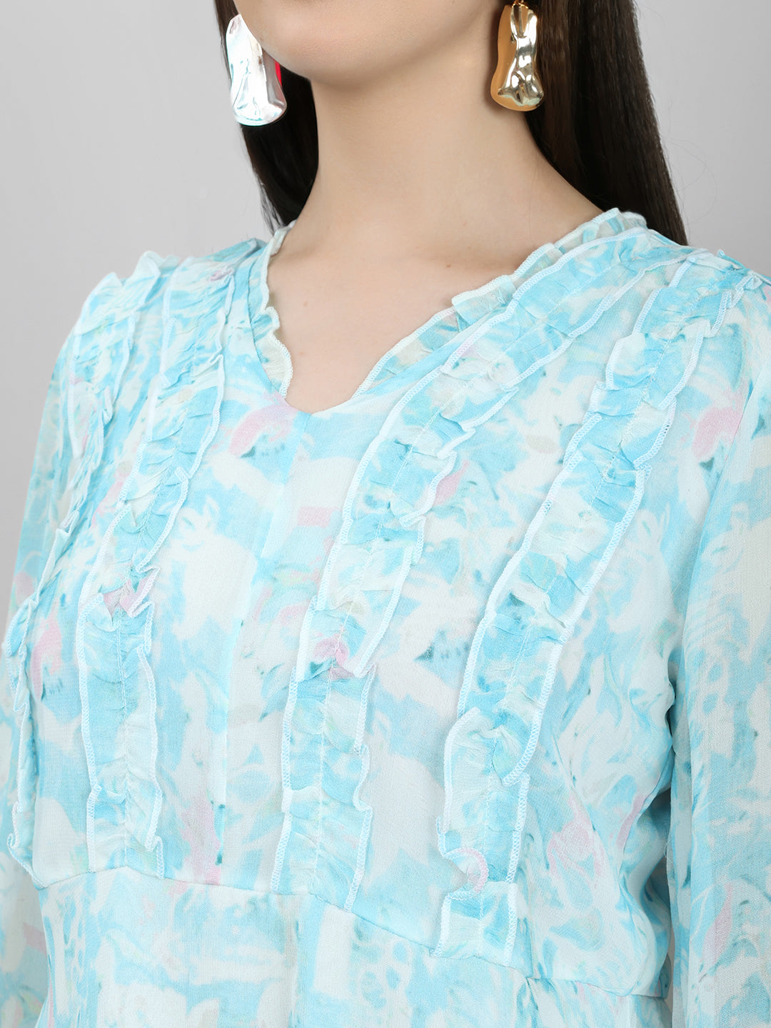 Women Sky Blue Printed V Neck Full Sleeve Top