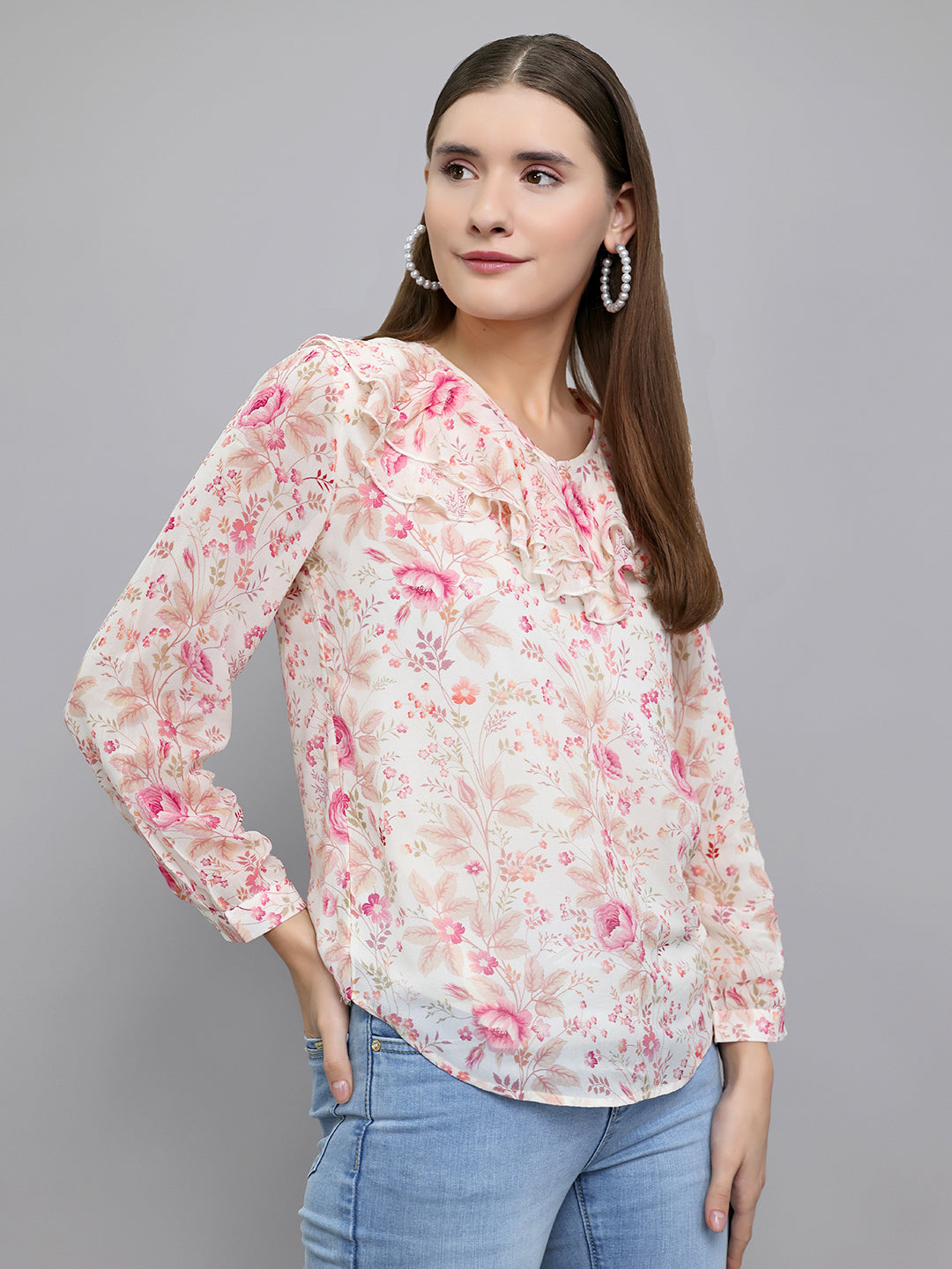 Women Pink Floral Print Fashion Neck Full Sleeve Top