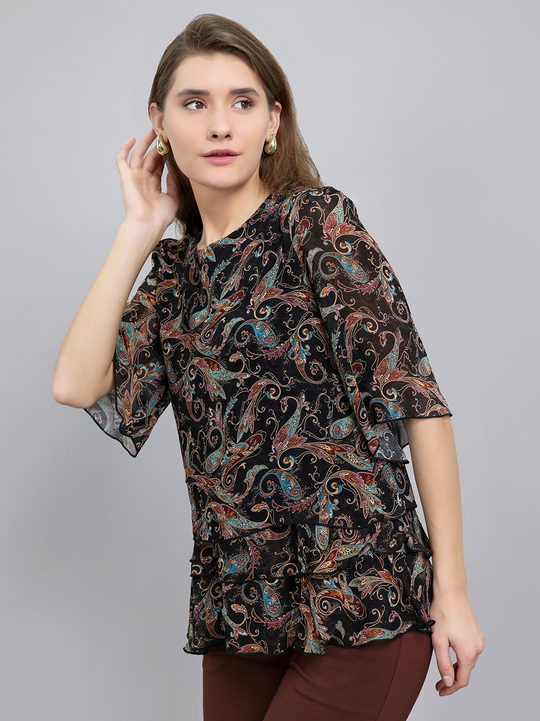 Women Black Paisley Print Fashion Neck Top