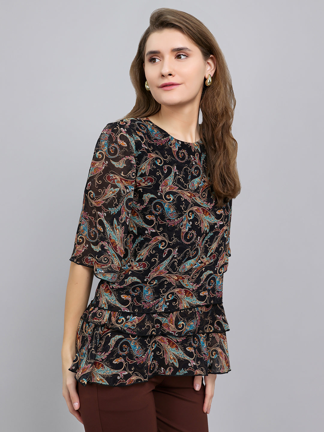 Women Black Paisley Print Fashion Neck Top