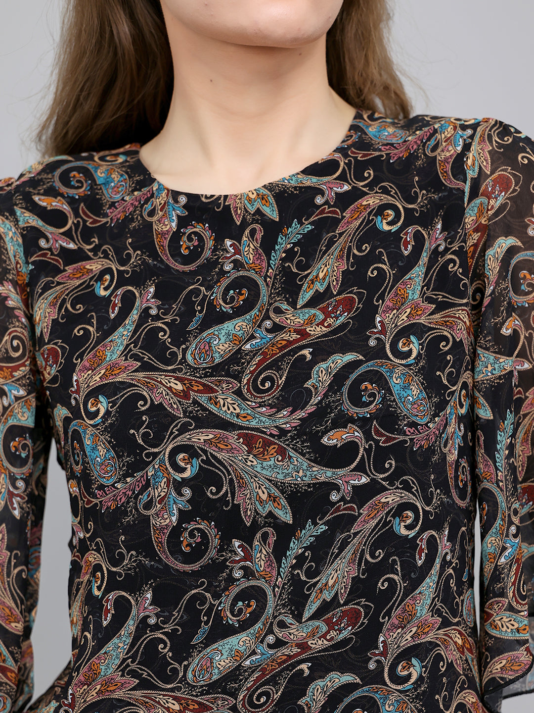Women Black Paisley Print Fashion Neck Top