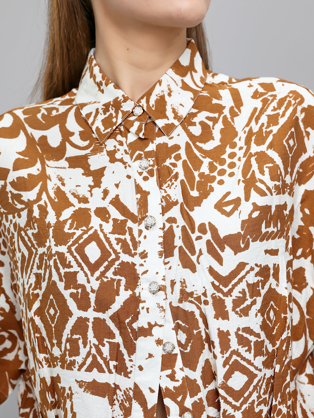 Women Brown Printed Collar Half Sleeve Cords Set