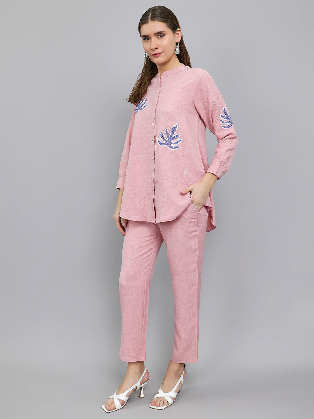Women Pink Embroidered Henley Neck Full Sleeve Cords Set