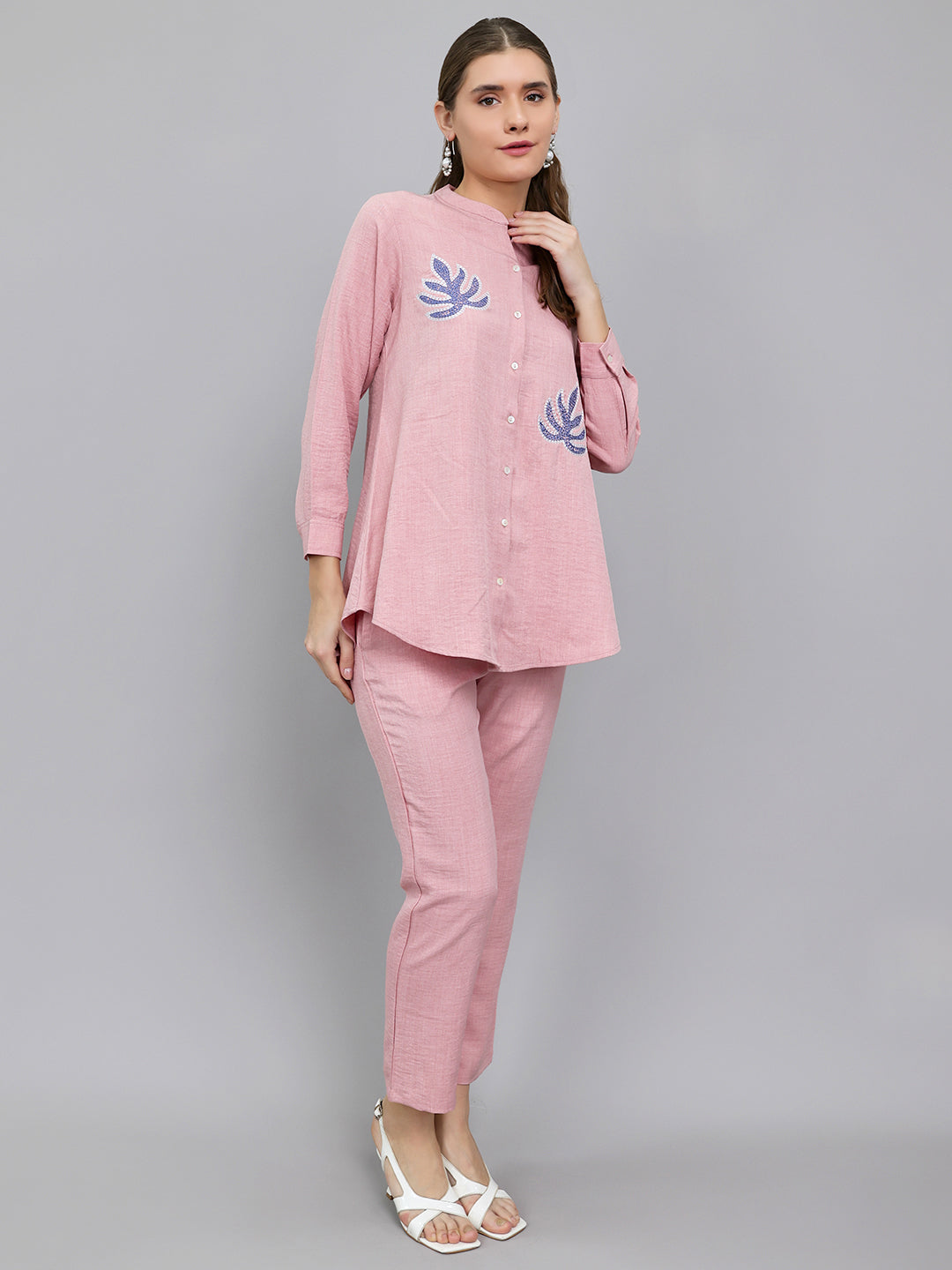 Women Pink Embroidered Henley Neck Full Sleeve Cords Set