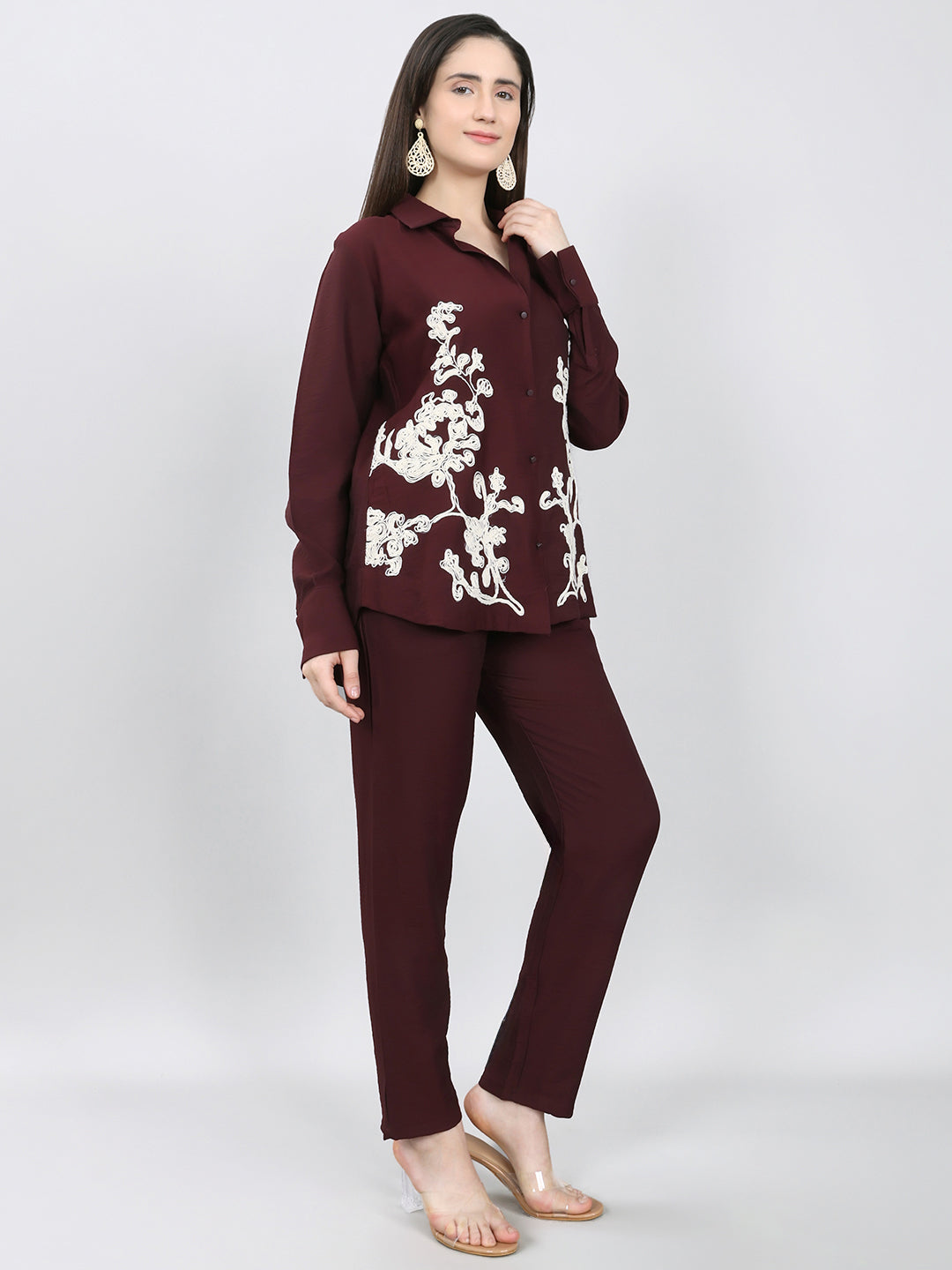 Women Purple Embroidered Collar Half Sleeve Cords Set