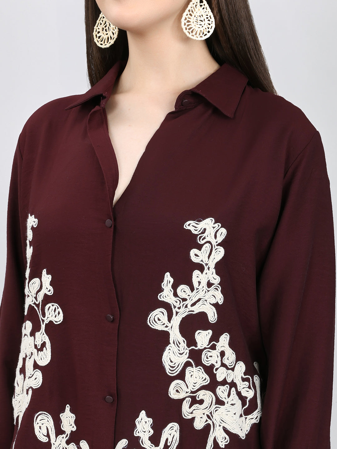 Women Purple Embroidered Collar Half Sleeve Cords Set