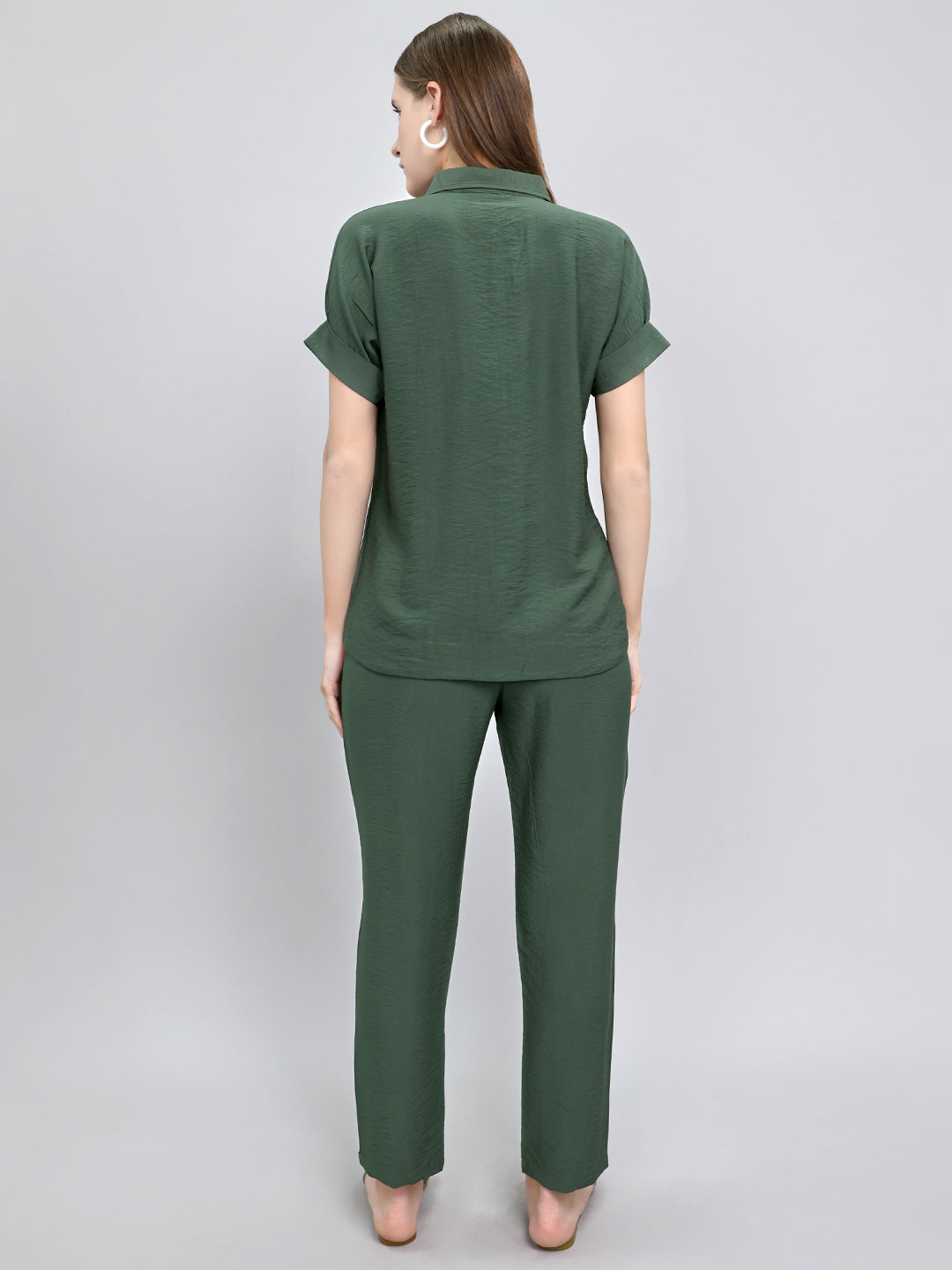 Women Green Embroidered Collar Half Sleeve Cords Set
