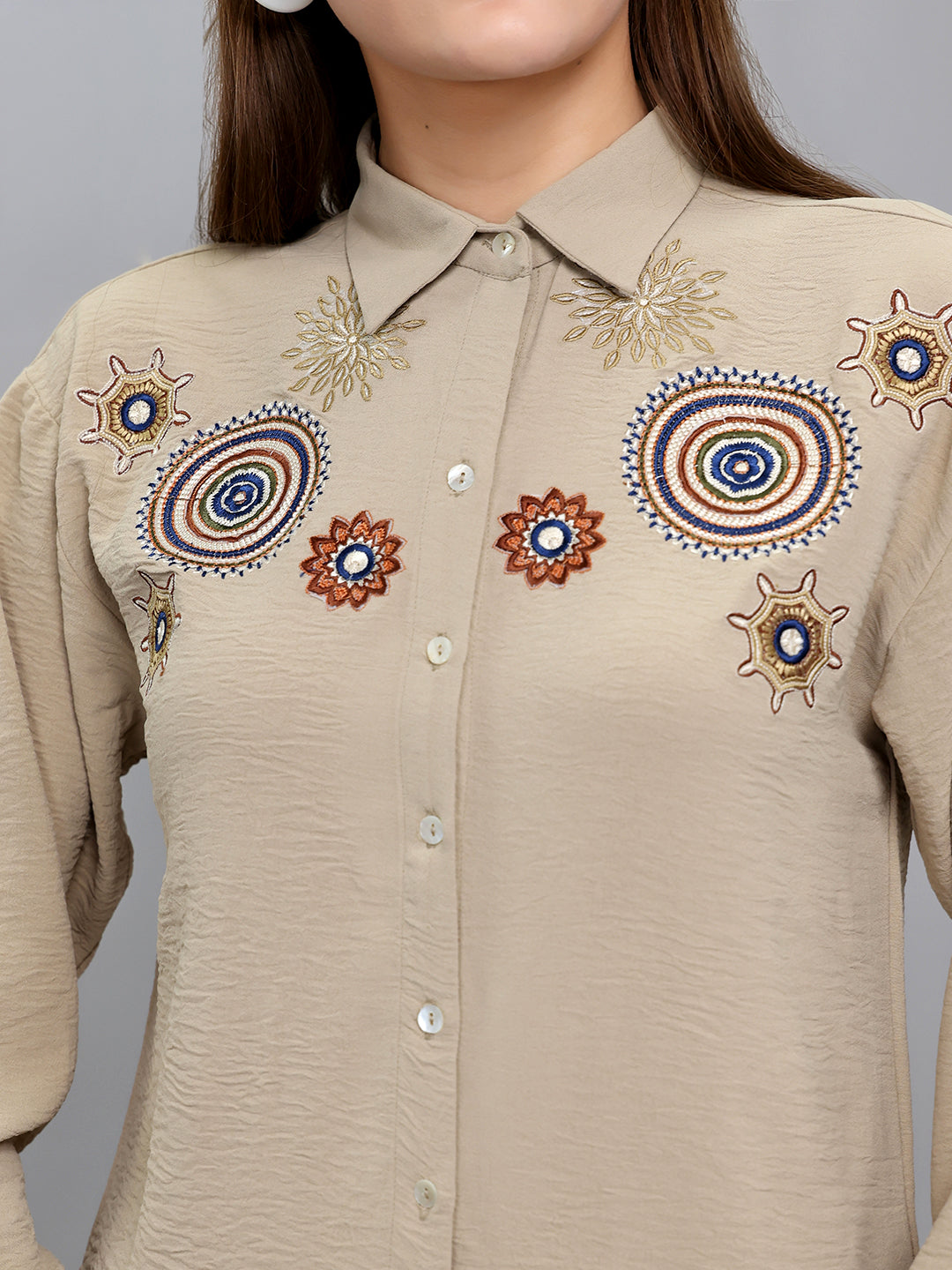 Women Beige Embroidered Collar Full Sleeve Cords Set