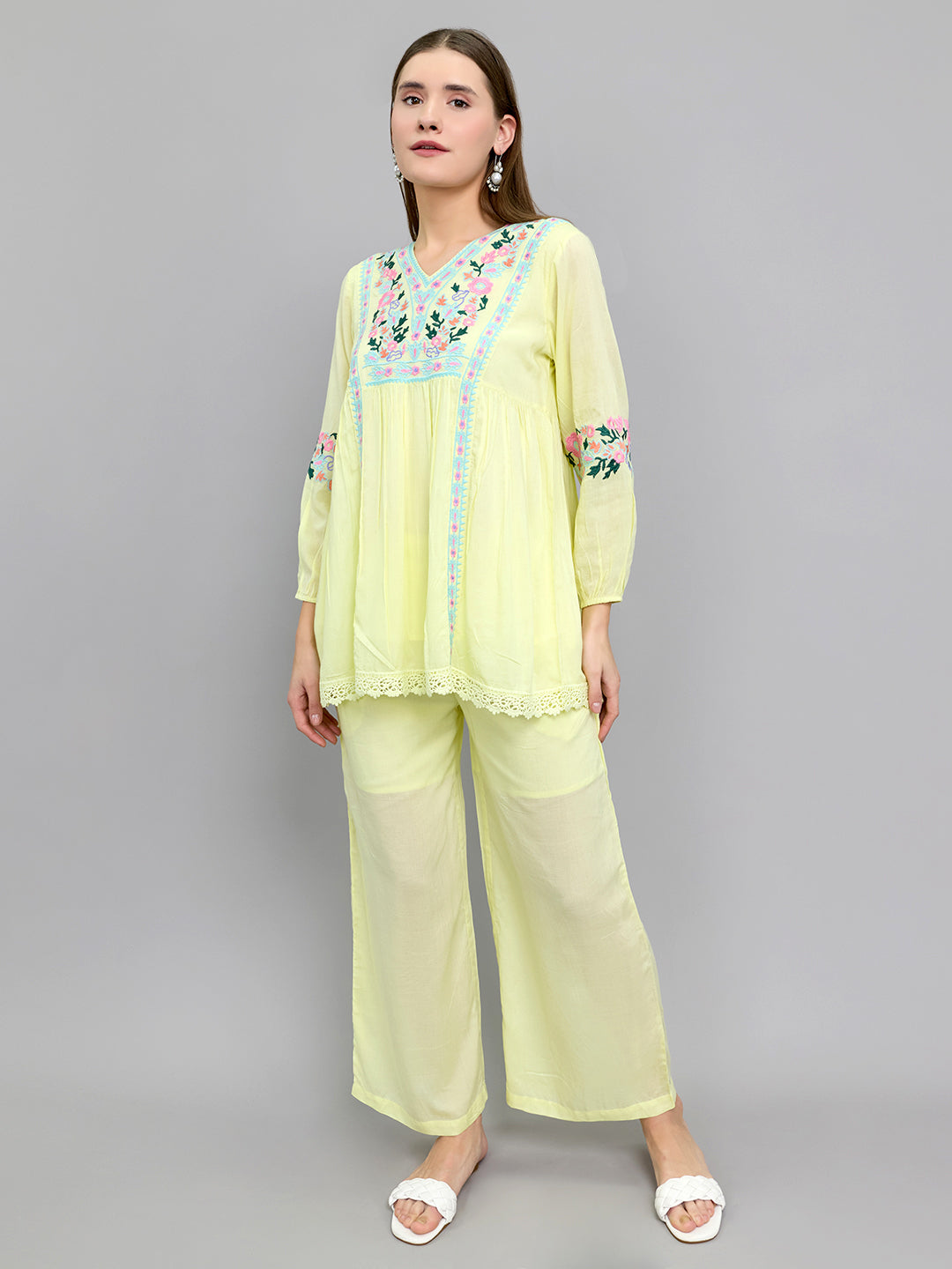 Women Yellow Embroidered Round Neck Half Sleeve Cords Set