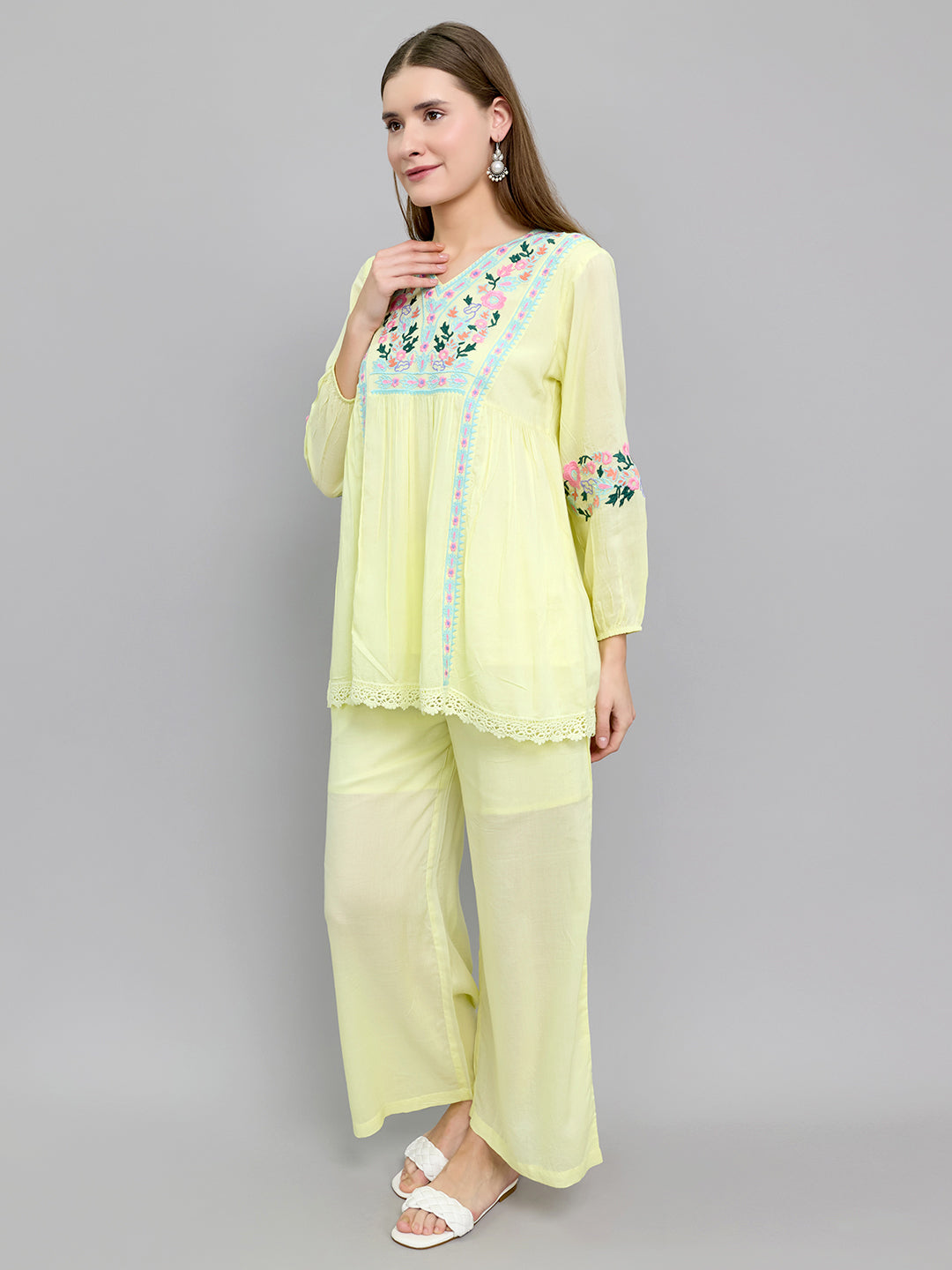Women Yellow Embroidered Round Neck Half Sleeve Cords Set